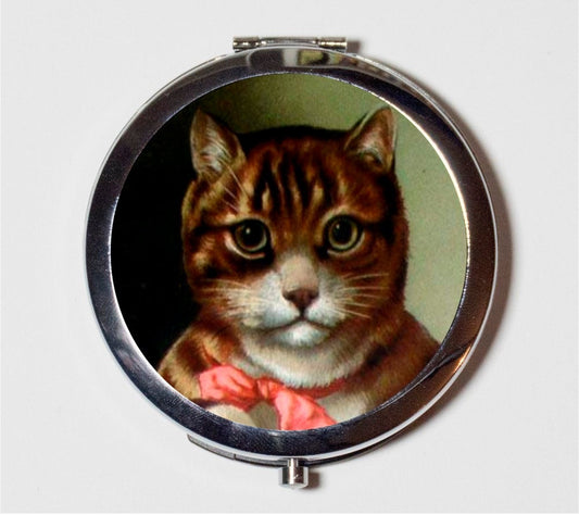 Mr Kitty Cat Compact Mirror - Vintage Storybook Illustration Kitten - Make Up Pocket Mirror for Cosmetics