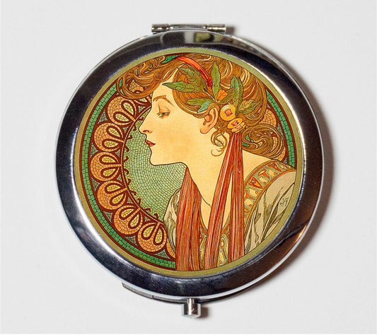 Alphonse Mucha Compact Mirror - Cameo Style Art Nouveau Boho Bohemian Gypsy - Make Up Pocket Mirror for Cosmetics