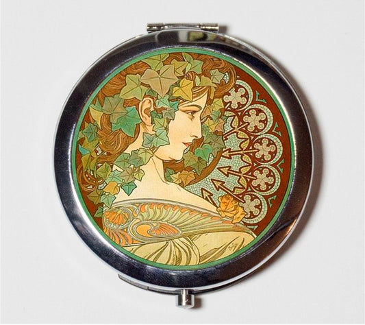 Alphonse Mucha Compact Mirror - Cameo Ivy Style Art Nouveau Boho Bohemian Gypsy - Make Up Pocket Mirror for Cosmetics