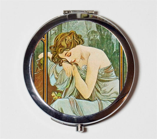 Alphonse Mucha Compact Mirror - Sleeping Art Nouveau Boho Bohemian Gypsy - Make Up Pocket Mirror for Cosmetics