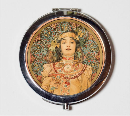 Alphonse Mucha Compact Mirror - Tribal Floral Art Nouveau Boho Bohemian Gypsy - Make Up Pocket Mirror for Cosmetics