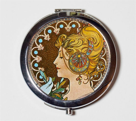 Alphonse Mucha Compact Mirror - Feather Art Nouveau Boho Bohemian Gypsy - Make Up Pocket Mirror for Cosmetics