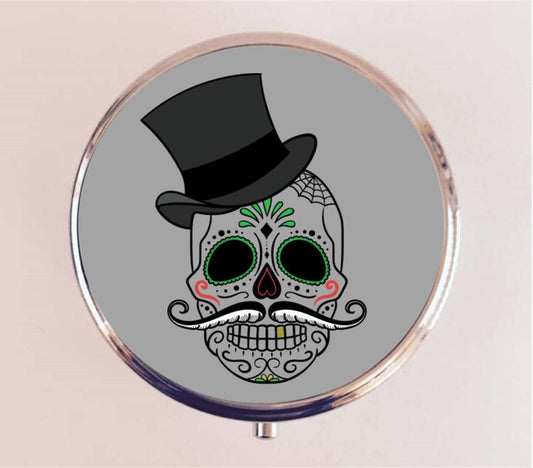Sugar Skull Top Hat Pill Box Case Pillbox Holder Trinket Box Mustache Day of the Dead Dia De Los Muertes Black Mexican Goth