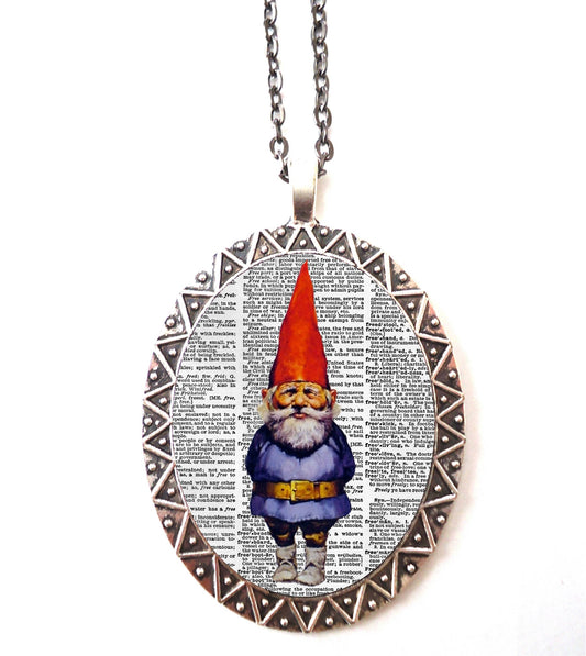 Garden Gnome Necklace Pendant Silver Tone - Retro Kitsch Lawn Ornament