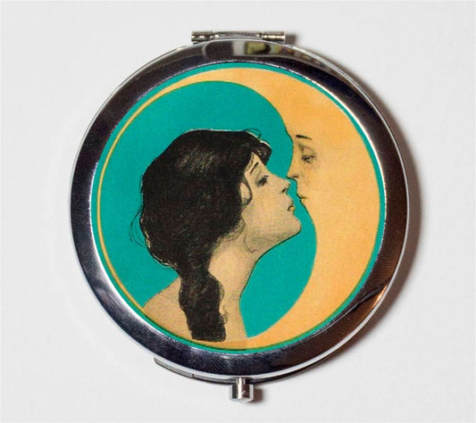 Moon Kiss Compact Mirror - Romantic Man in the Moon Kissing Art Nouveau - Make Up Pocket Mirror for Cosmetics