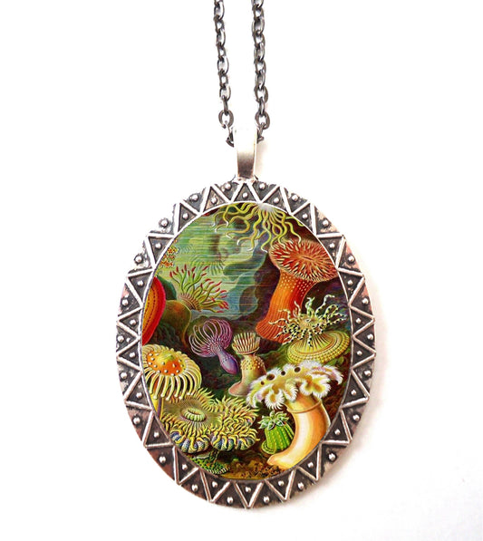 Ernst Haeckel Sea Anenome Necklace Pendant Silver Tone - Victorian Sea Creatures Nautical Ocean