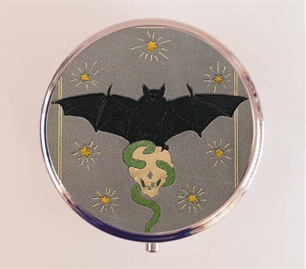Bat Skull Snake Pill Box Case Pillbox Holder Trinket Stash Box Goth Macabre Art from Antique Book Cover