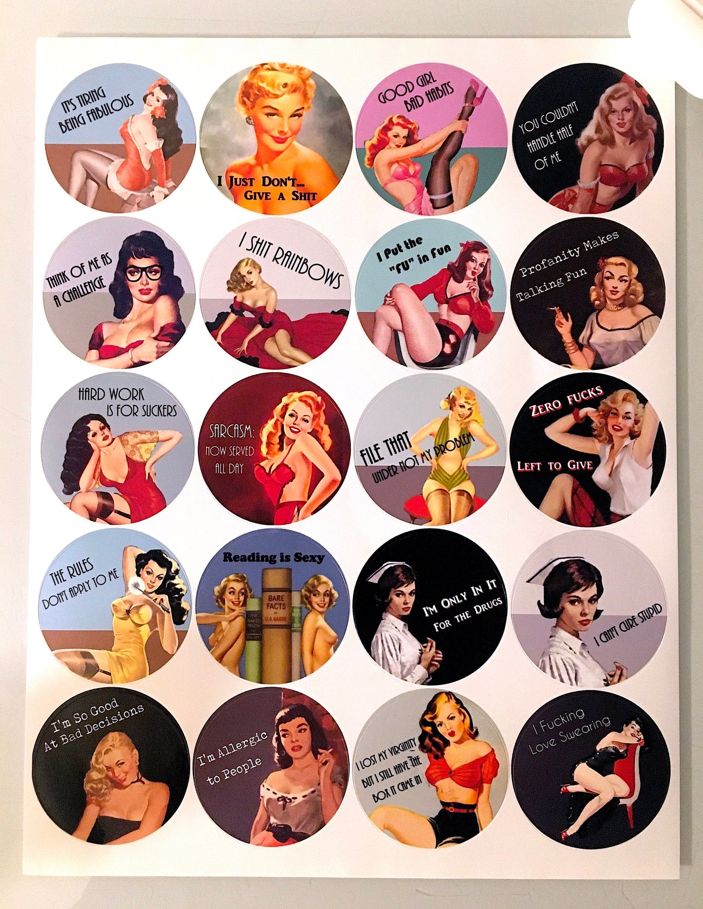 Sassy Funny Pin Up Girl Sticker Sheet - 20 Stickers Pinup Retro Humor Naughty Pulp Fiction Bad Girls Mature