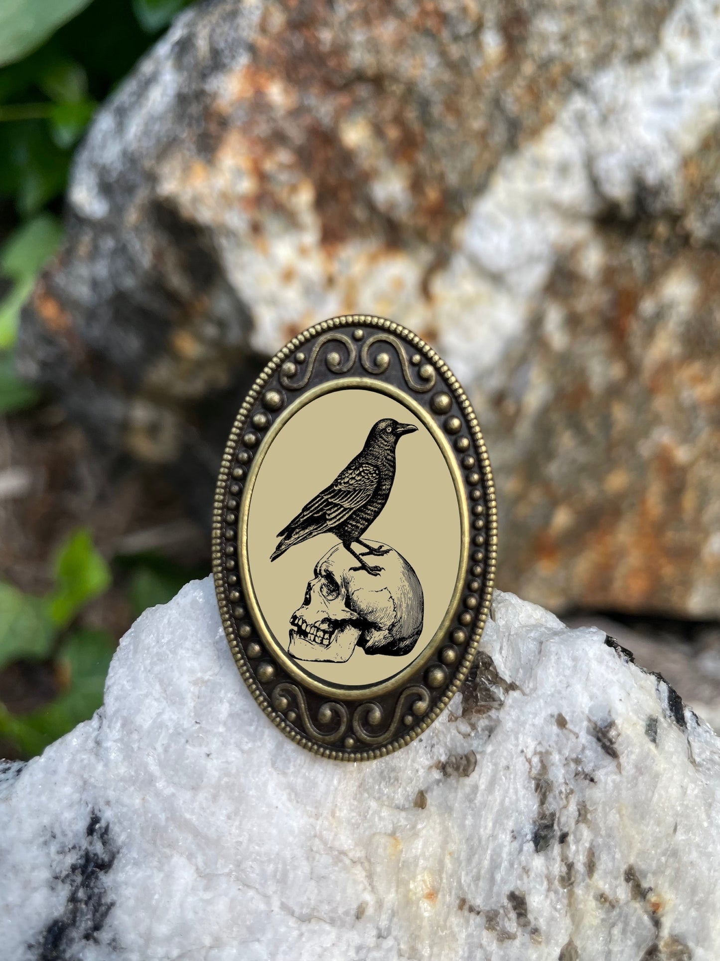 Crow on Skull Antiqued Bronze Adjustable Ring Goth Spooky Raven Macabre Brass