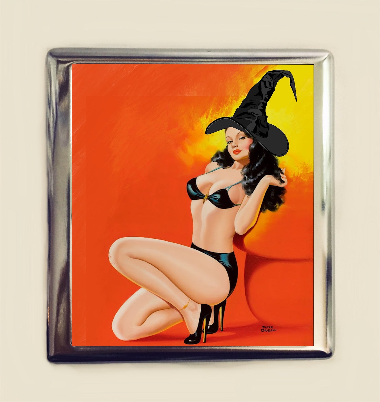 Copy of Pin Up Witch Cigarette Case Business Card ID Holder Wallet Pinup Girl Retro 1950s Halloween Sexy Witchcraft