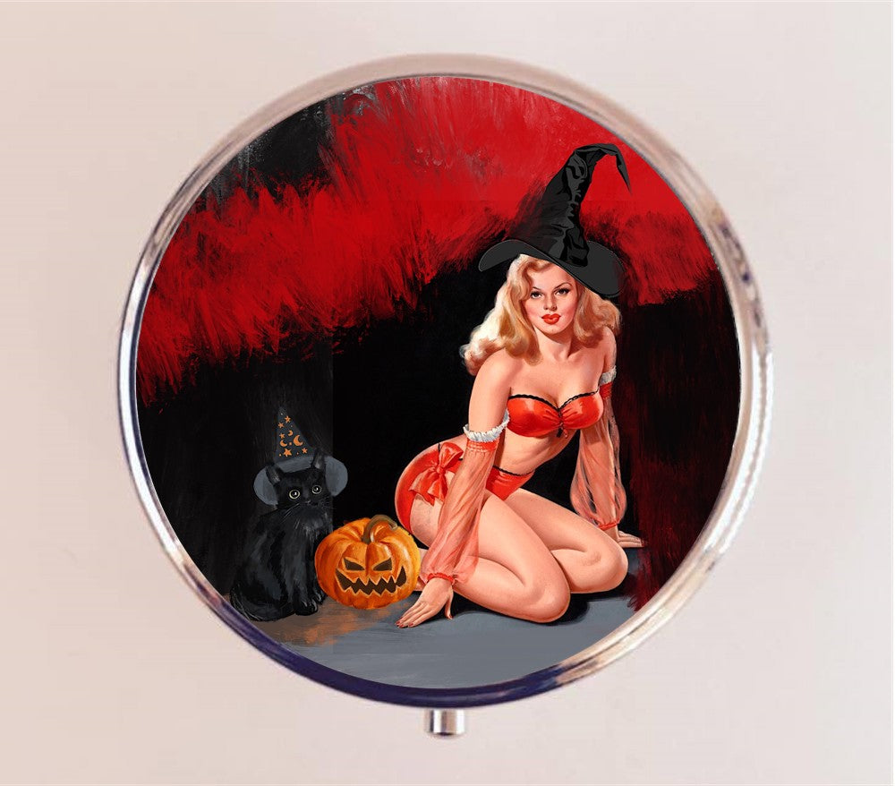 Pin Up Girl Witch Pill Box Case Pillbox Holder Trinket Stash Box Halloween Pinup Black Cat Retro