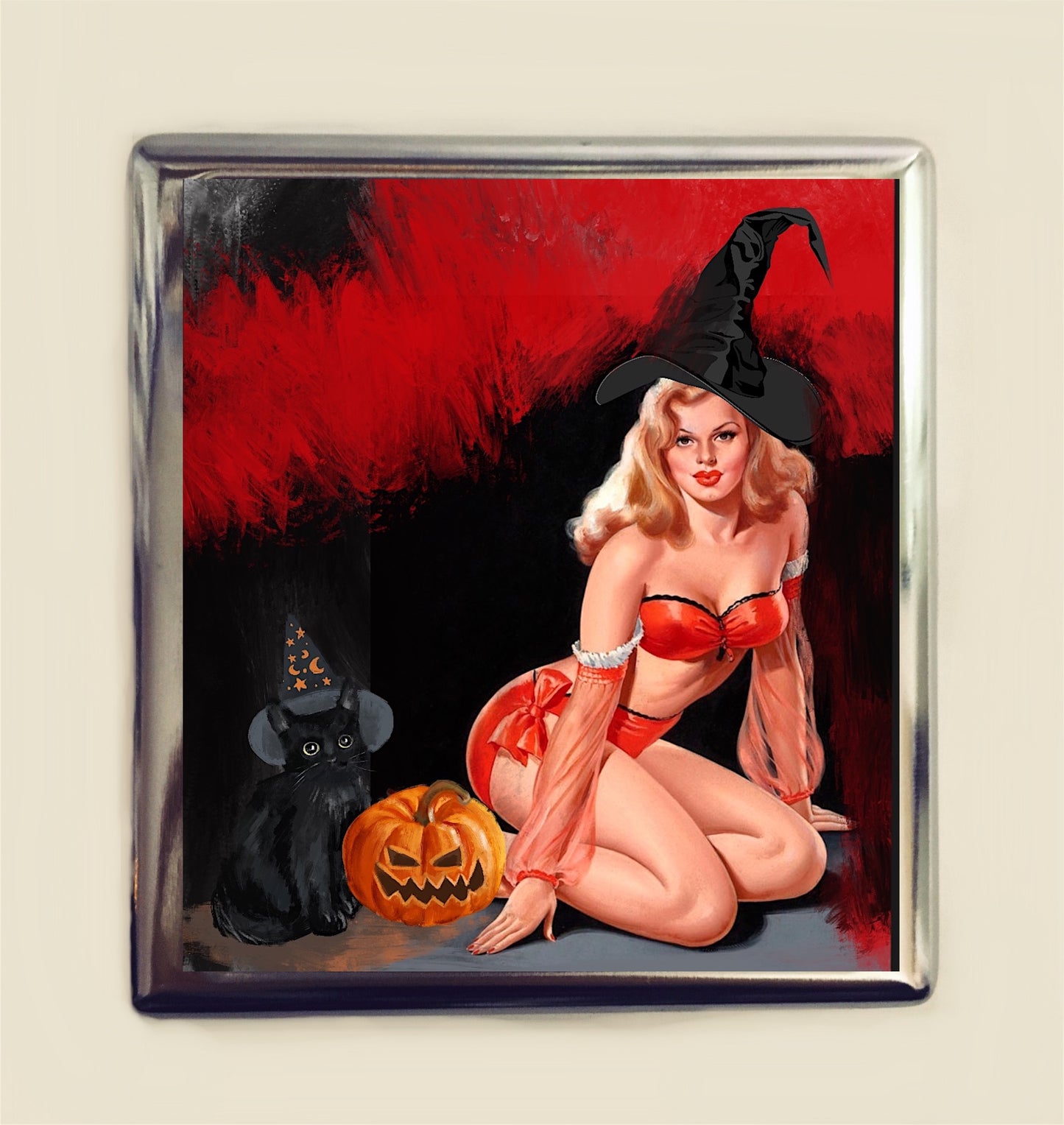 Pin Up Witch Cigarette Case Business Card ID Holder Wallet Pinup Girl Retro 1950s Halloween Black Cat