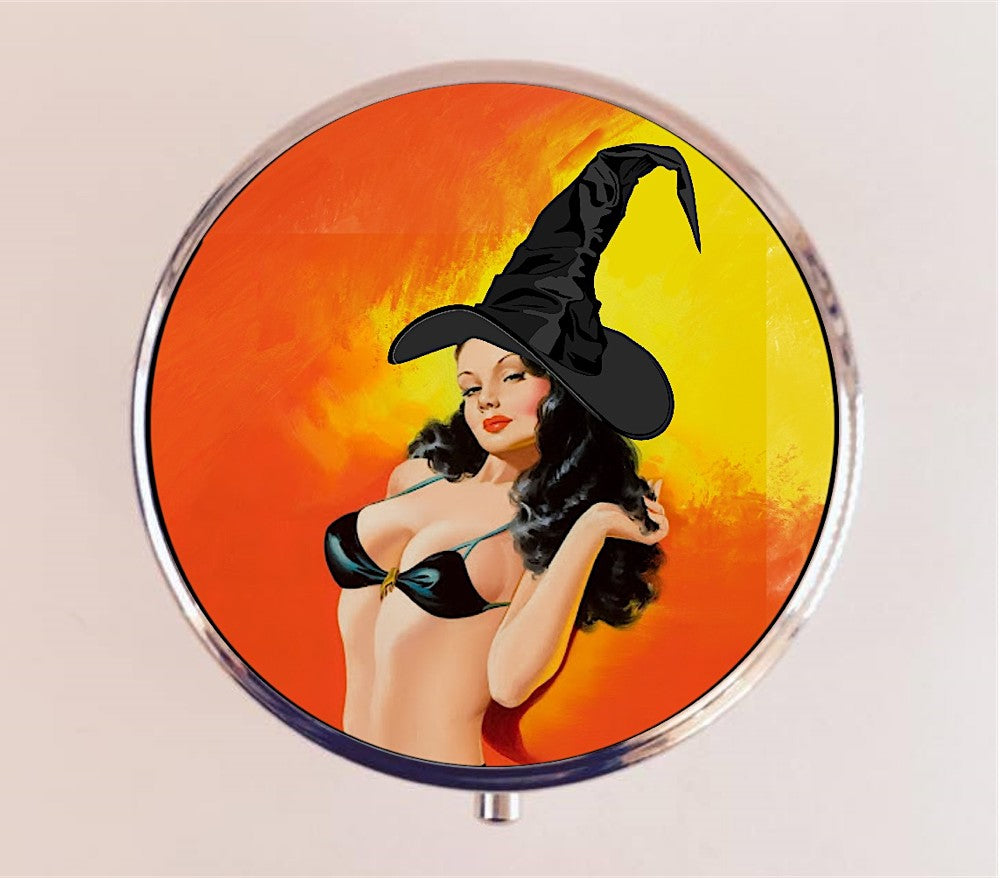 Pin Up Girl Witch Pill Box Case Pillbox Holder Trinket Stash Box Halloween Pinup Retro