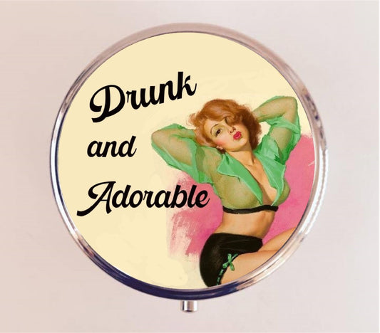 Drunk and Adorable Pin Up Pill Box Case Pillbox Holder Trinket Stash Box Retro Funny Humor Pinup Pin Up Girl Party Alcohol