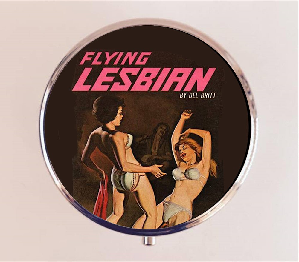 Flying Lesbian Pulp Pill Box Case Pillbox Holder Trinket Stash Box Retro Funny Humor Campy LGBT