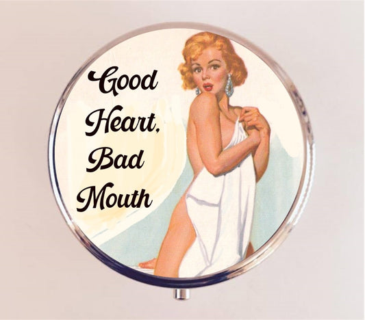 Good Heart Bad Mouth Pin Up Pill Box Case Pillbox Holder Trinket Stash Box Retro Funny Humor Pinup Pin Up Girl Swearing