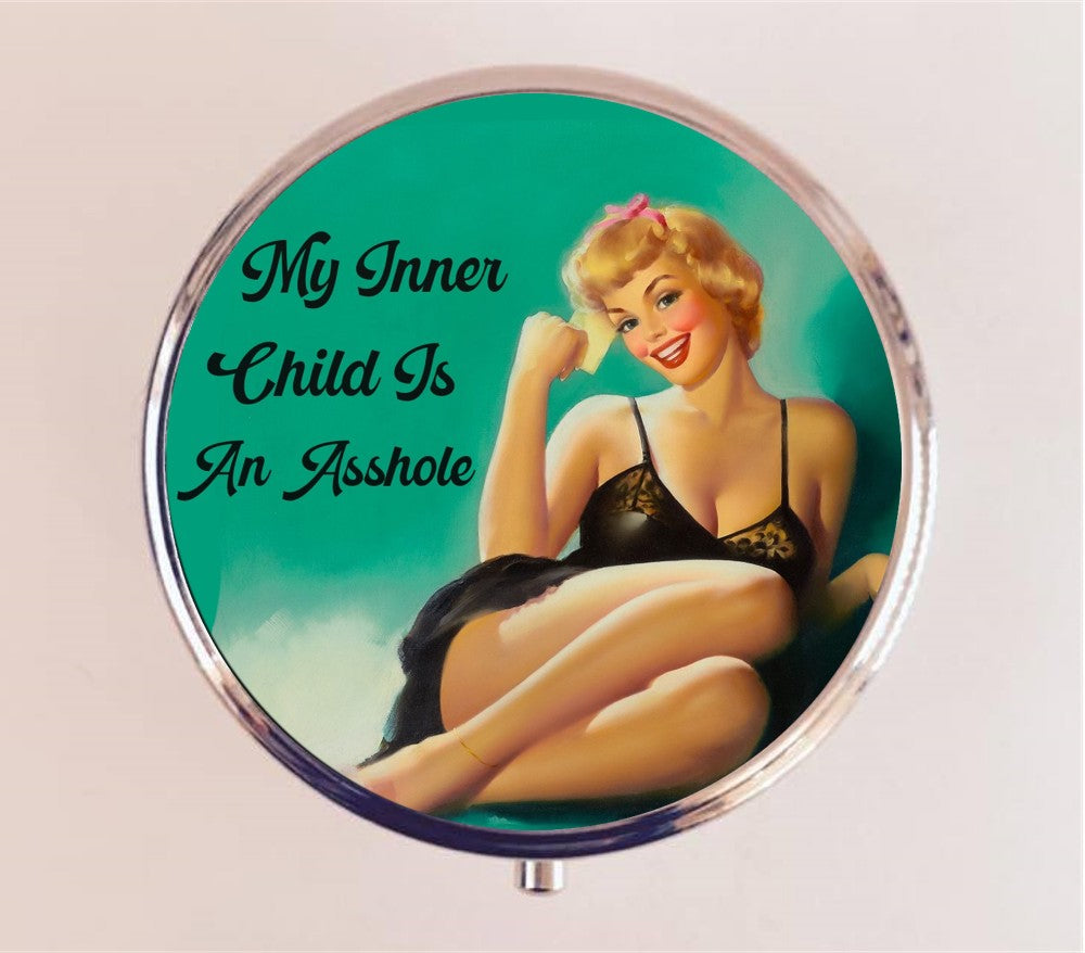 My Inner Child is An Asshole Pin Up Funny Pill Box Case Pillbox Holder Trinket Stash Box Pinup Girl Psychology Humor