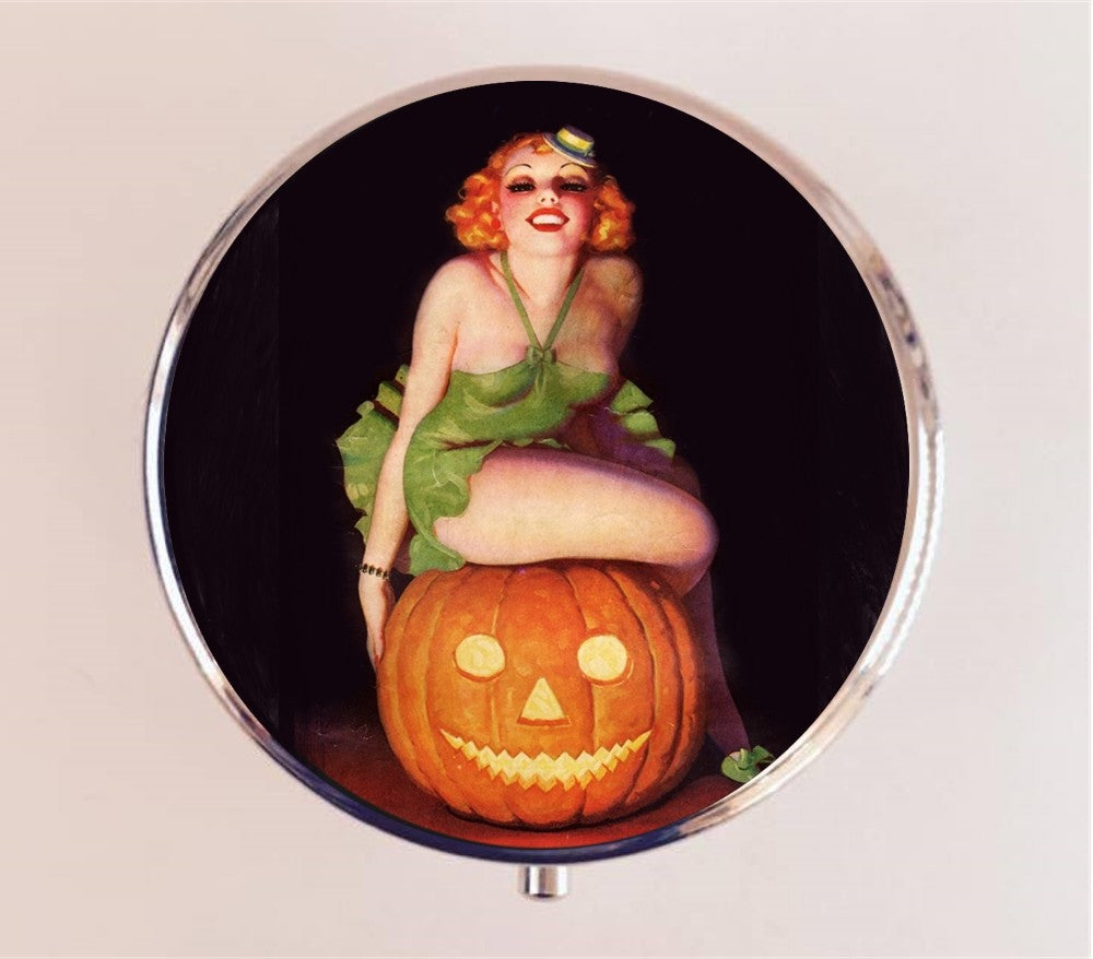 Flapper Halloween Pill Box Case Pillbox Holder Trinket Stash Box Art Deco Pin Up 1920s Jazz Age Pumpkin