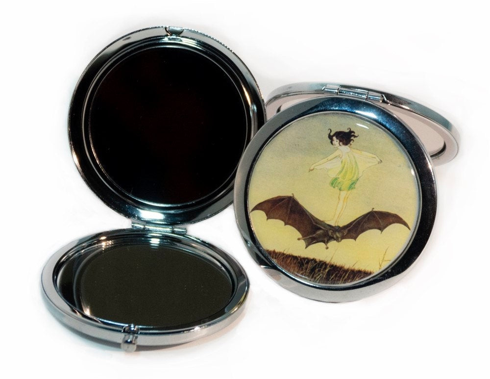 Pin Up Witch Compact Mirror - Pinup Girl on Broom 1950s Retro Witches Moon Halloween - Make Up Pocket Mirror for Cosmetics