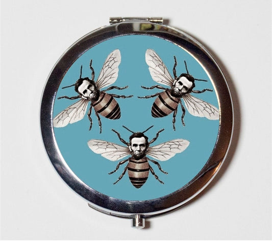 Abraham Lincoln Compact Mirror - Honey Bees Altered Art Lowbrow Pop Surrealism Victorian - Pocket Mirror