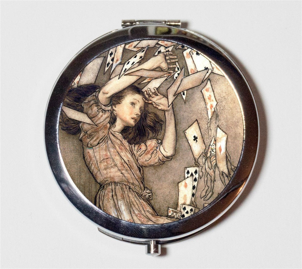 Alice in Wonderland Compact Mirror - Fairytale Lewis Carroll Arthur Rackham Cards - Make Up Pocket Mirror for Cosmetics