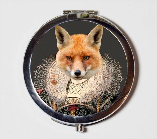 Royal Fox Compact Mirror - Tudor Animal Pop Art Queen Anthropomorphic - Make Up Pocket Mirror for Cosmetics