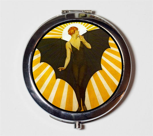 Art Deco Bat Lady Compact Mirror - Goth Roaring 1920s Jazz Age - Make Up Pocket Mirror for Cosmetics