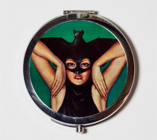 Pulp Bat Lady Compact Mirror - Goth 1920s Vintage Horror Illustration - Make Up Pocket Mirror for Cosmetics