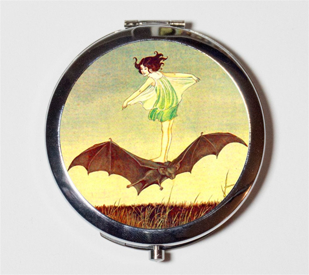 Girl Riding Bat Compact Mirror - Bat Rider Fairytale Goth Storybook Illustration - Make Up Pocket Mirror for Cosmetics