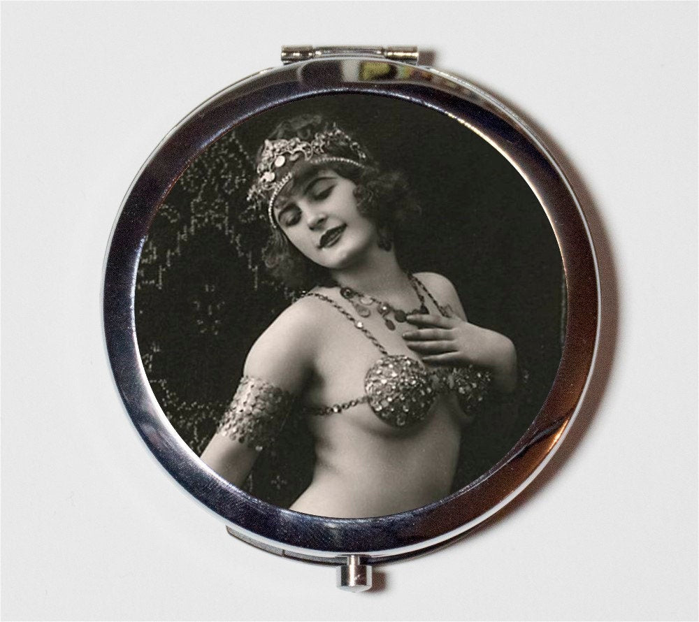 Belly Dancer Flapper Compact Mirror - 1920s Jazz Age Art Deco Egyptian Revival Dancing Follies - Make Up Pocket Mirror for Cosmetics