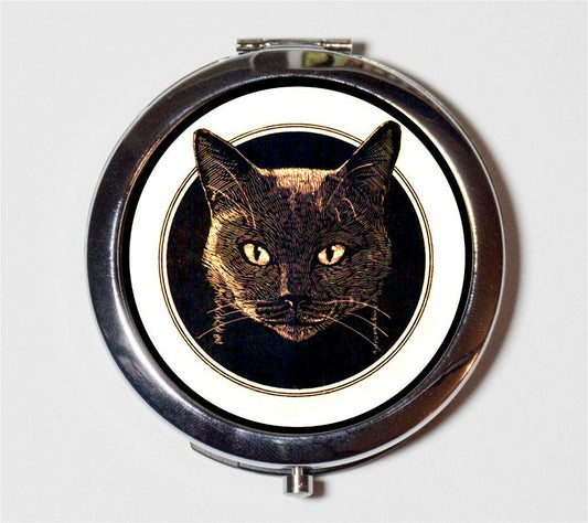 Black Cat Compact Mirror - Vintage Kittten Illustration Cats Pop Art Animal Ad - Make Up Pocket Mirror for Cosmetics