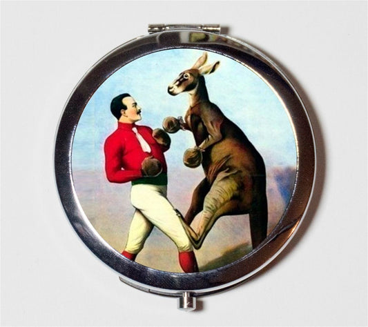 Boxing Kangaroo Compact Mirror - Victorian Boxer Illustration Circus Oddity - Make Up Pocket Mirror for Cosmetics