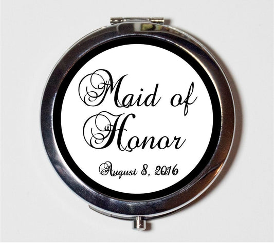 Maid of Honor Wedding Party Compact Mirror - Customized with Your Wedding Date Bridal Party Gift - Make Up Pocket Mirror for Cosmetics