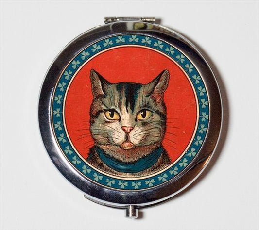 Cat Illustration Compact Mirror - Vintage Kittten Illustration Cats Pop Art Animal Ad - Make Up Pocket Mirror for Cosmetics