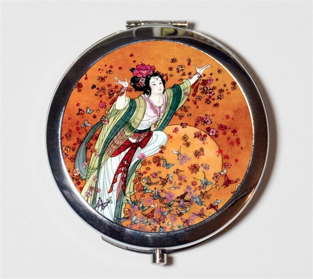 Chinese Woman Butterflies Compact Mirror - Asian Fine Art Painting - Make Up Pocket Mirror for Cosmetics