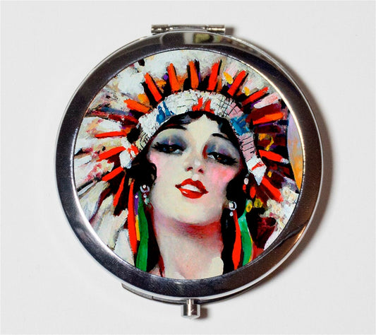 Art Deco Native American Compact Mirror - 1920s Jazz Age Flapper Indian - Make Up Pocket Mirror for Cosmetics