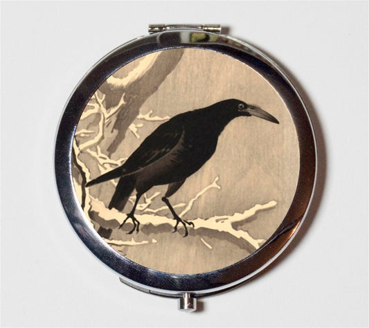 Japanese Woodblock Crow Compact Mirror - Black Bird Japan Asian Art - Make Up Pocket Mirror for Cosmetics