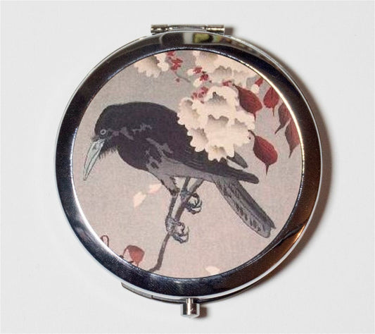 Japanese Woodblock Crow Cherry Blossom Compact Mirror - Sakura Black Bird Japan Asian Art - Make Up Pocket Mirror for Cosmetics