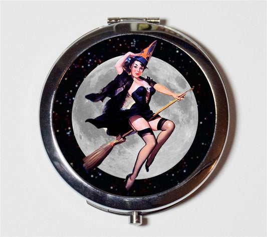 Pin Up Witch Compact Mirror - Pinup Girl on Broom 1950s Retro Witches Moon Halloween - Make Up Pocket Mirror for Cosmetics