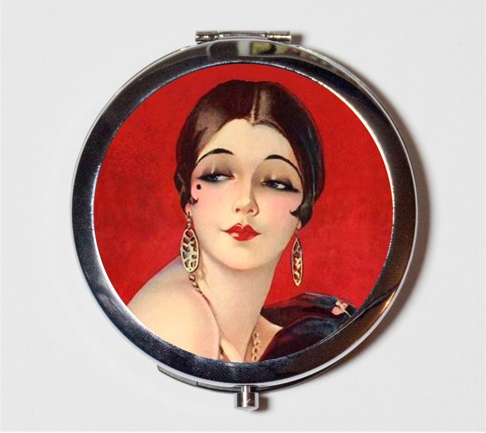 Art Deco Flapper Compact Mirror - 1920's Jazz Age Roaring 20s Portrait - Make Up Pocket Mirror for Cosmetics