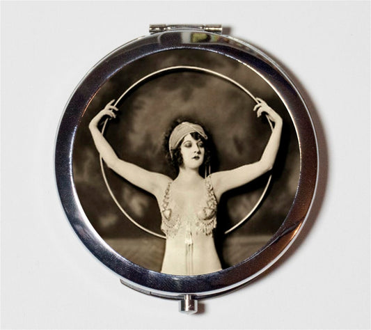 Art Deco Flapper Follies Compact Mirror - 1920's Jazz Age Roaring 20s Ziegfeld Follies Hoop - Make Up Pocket Mirror for Cosmetics