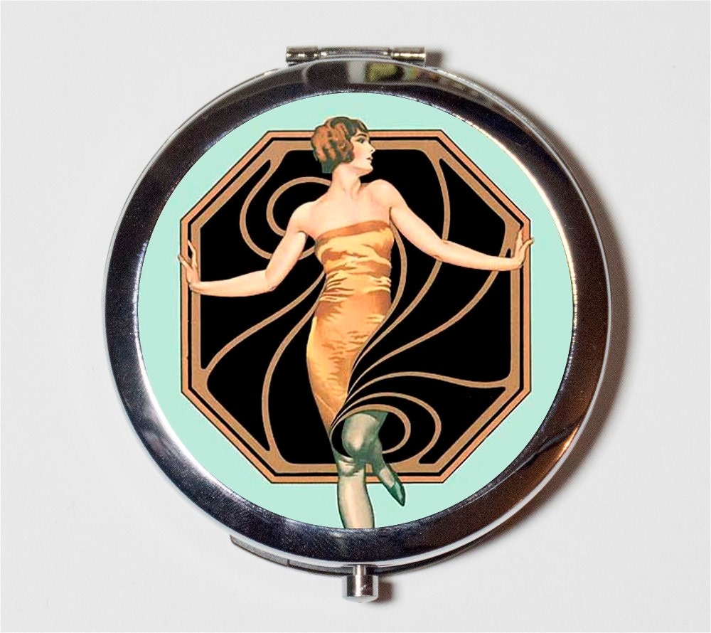 Art Deco Flapper Compact Mirror - 1920's Jazz Age Roaring 20s Portrait Elegant - Make Up Pocket Mirror for Cosmetics