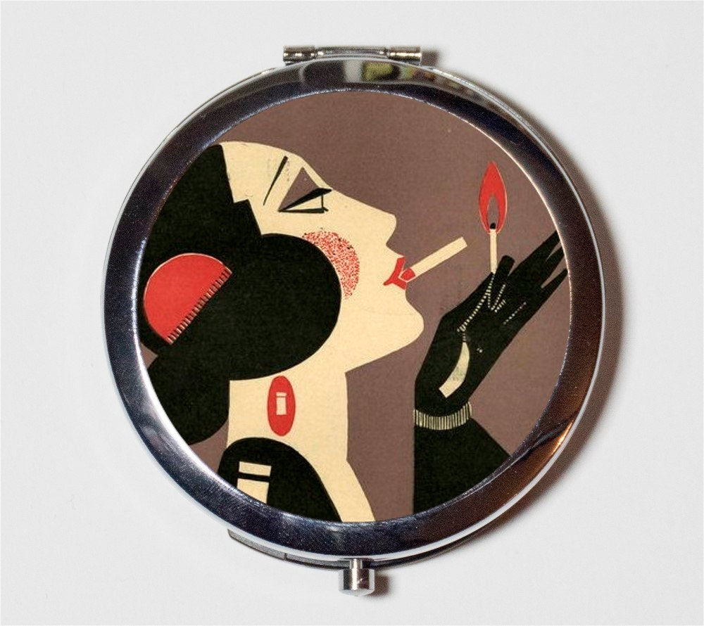 Flapper Lighting Cigarette Compact Mirror - Art Deco Illustration 1920's Jazz Age Roaring 20s - Make Up Pocket Mirror for Cosmetics