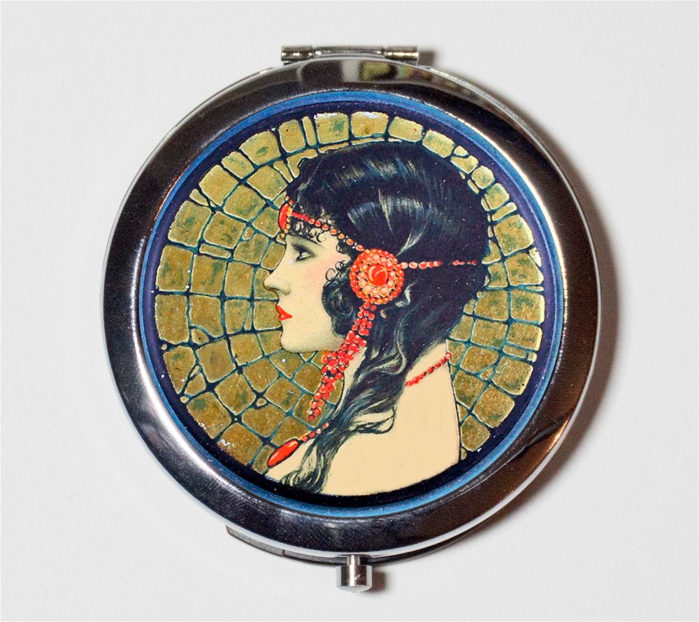 Flapper Gypsy Profile - Boho Bohemian Art Deco Illustration 1920's Jazz Age Roaring 20s - Make Up Pocket Mirror for Cosmetics