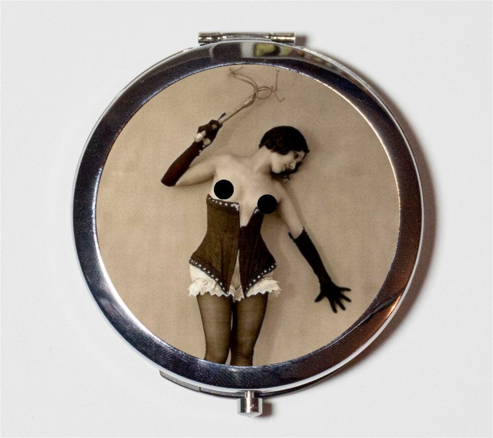 Flapper Whip BDSM Compact Mirror - Fetish 1920's Jazz Age Roaring Mature Risque - Make Up Pocket Mirror for Cosmetics