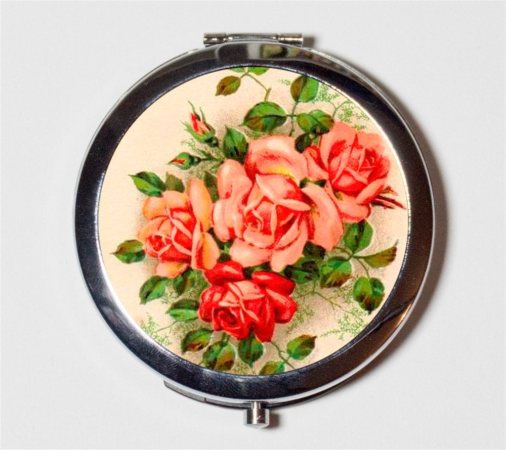 Flowers Compact Mirror - Pink and Red Bouquet Elegant Romance Love - Make Up Pocket Mirror for Cosmetics