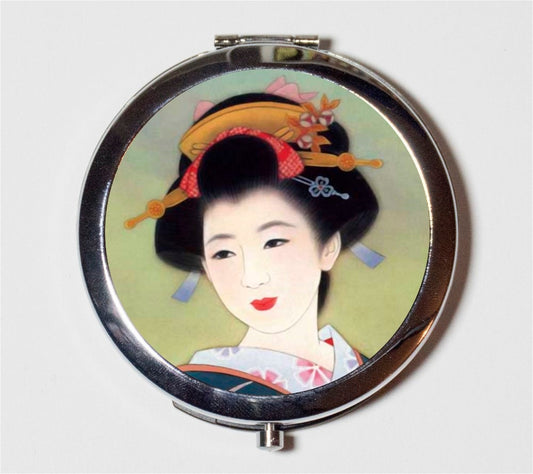 Japanese Geisha Compact Mirror - Asian Art Japan - Make Up Pocket Mirror for Cosmetics