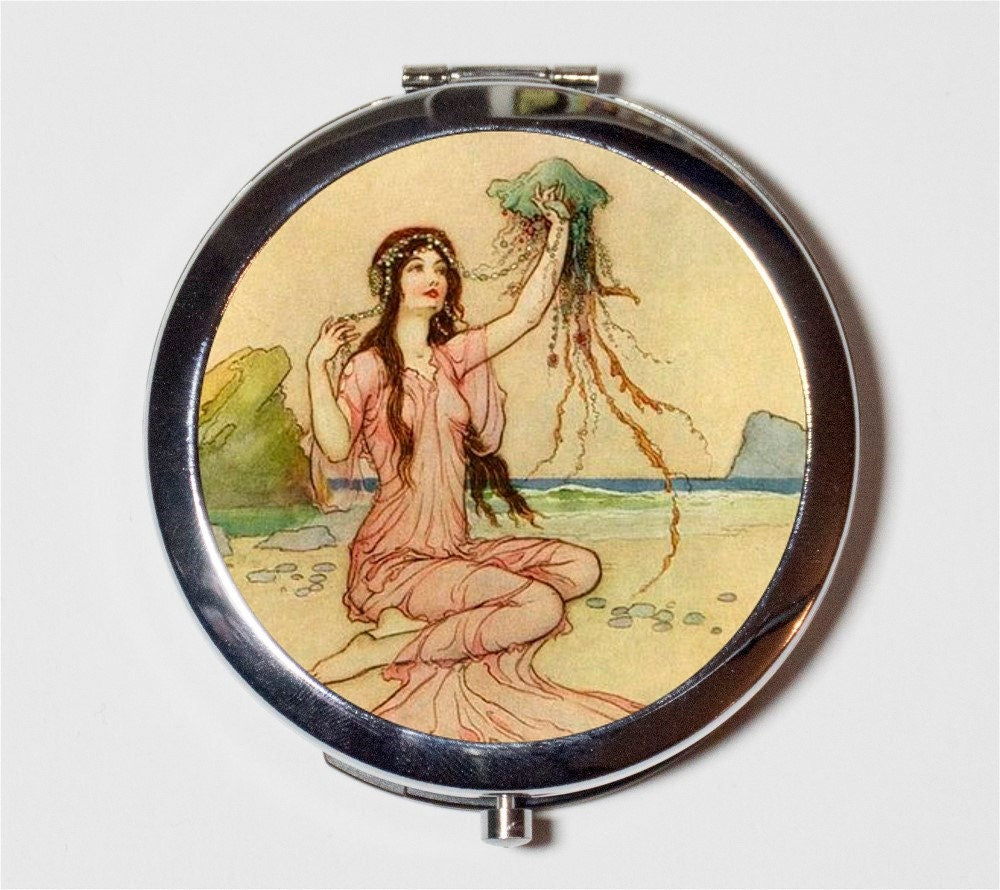 Warwick Goble Jellyfish Compact Mirror - Beach Illustration Nautical Fantasy - Make Up Pocket Mirror for Cosmetics