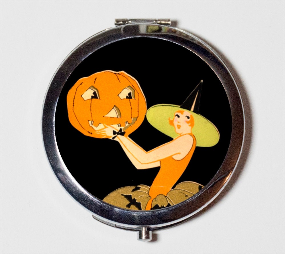 Art Deco Halloween Witch Compact Mirror - with Pumpkin 1920s Jazz Age - Make Up Pocket Mirror for Cosmetics