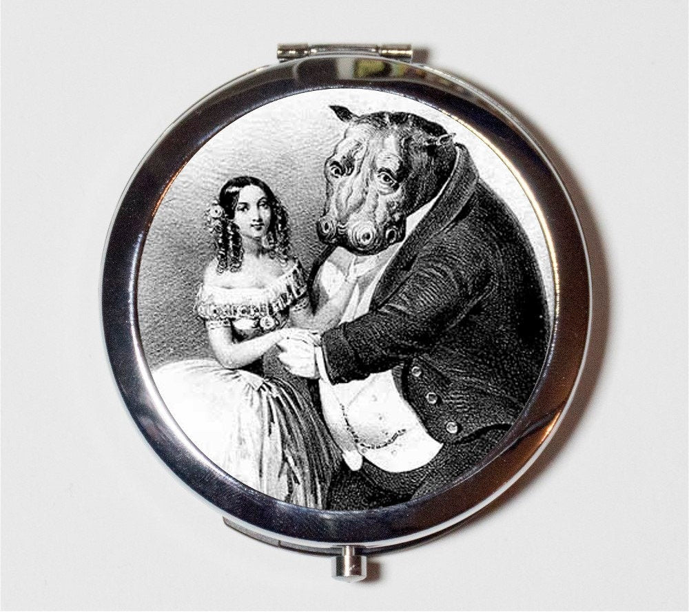 Hippo Dancing Compact Mirror - Victorian Dance Animal Art Anthropomorphic - Make Up Pocket Mirror for Cosmetics